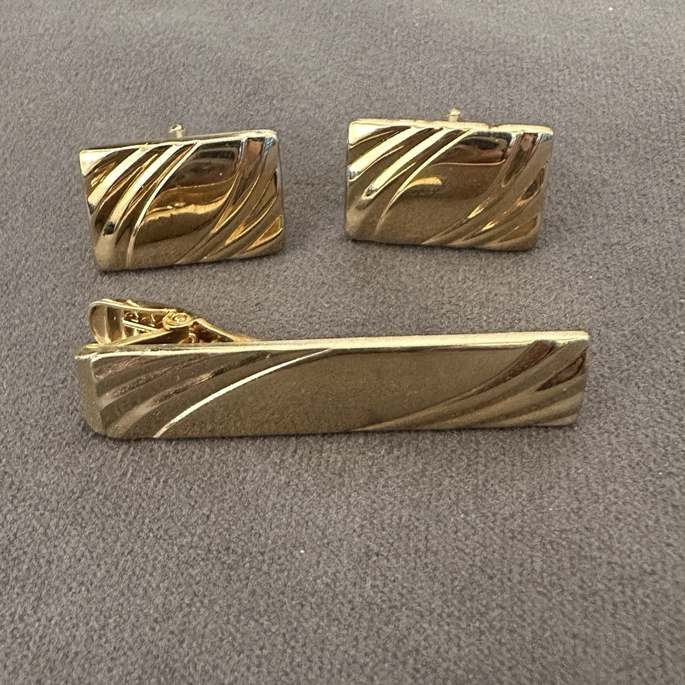 Vintage‎ Anson Gold Tone Men's Cufflink Mid-Century Tie Clasp Set MCM Wedding